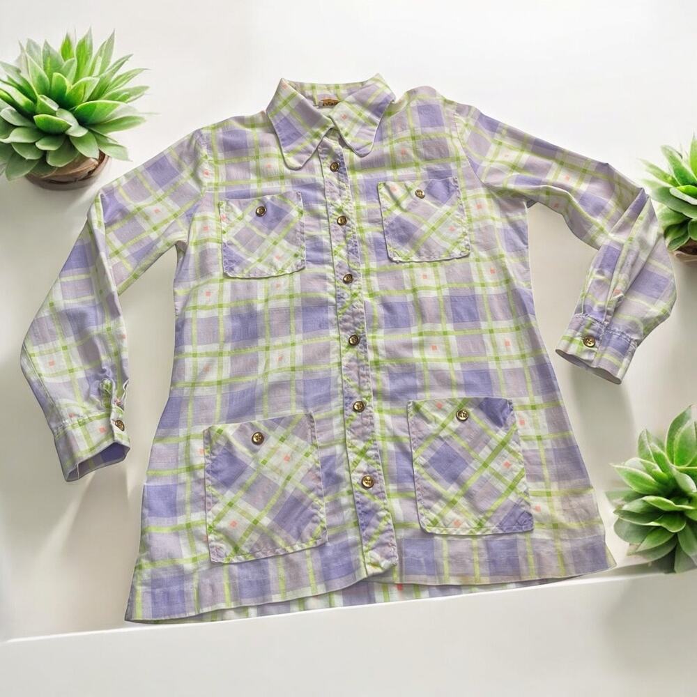 70s Girls VTG Plaid Shirt Purple Green 4 Pocket Button Front Top Sz 12/14